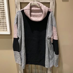 Chic Cowl Neck Colorblock Sweater in Black, Pink, and Gray